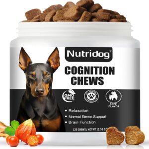 Senior Dog Cognition Chews 120 Count – DHA, Phosphatidylserine & Organic Lion's Mane for Brain Health, Memory & Cognitive Decline Support, with Alpha-GPC & Ashwagandha, Beef Flavor