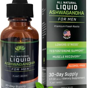 BIOACTIVE Liquid Ashwagandha Supplement Drops - Testosterone Booster For Men* - Adaptogen for Stress Support, Men’s Wellness - Organic, Vegetarian, Gluten Free, Non-GMO, 59 Servings (1 Oz, Unflavored)