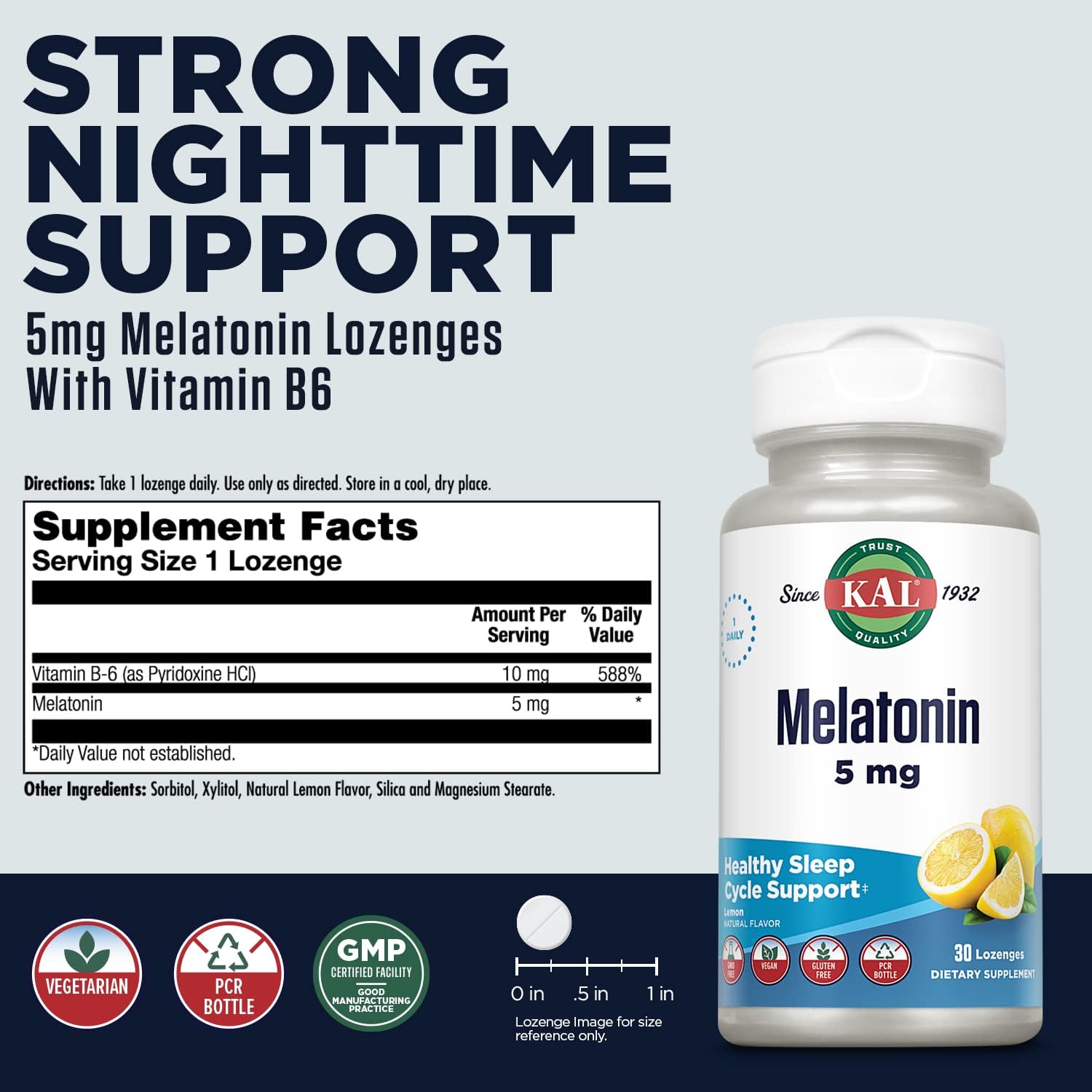 KAL Melatonin 5mg Sleep Aid Lozenges, Melatonin Supplement Supports Sleep Quality, Calming Relaxation and a Healthy Sleep Cycle, with Added Vitamin B6, Vegetarian, Natural Lemon Flavor, 30 Lozenges - Image 3