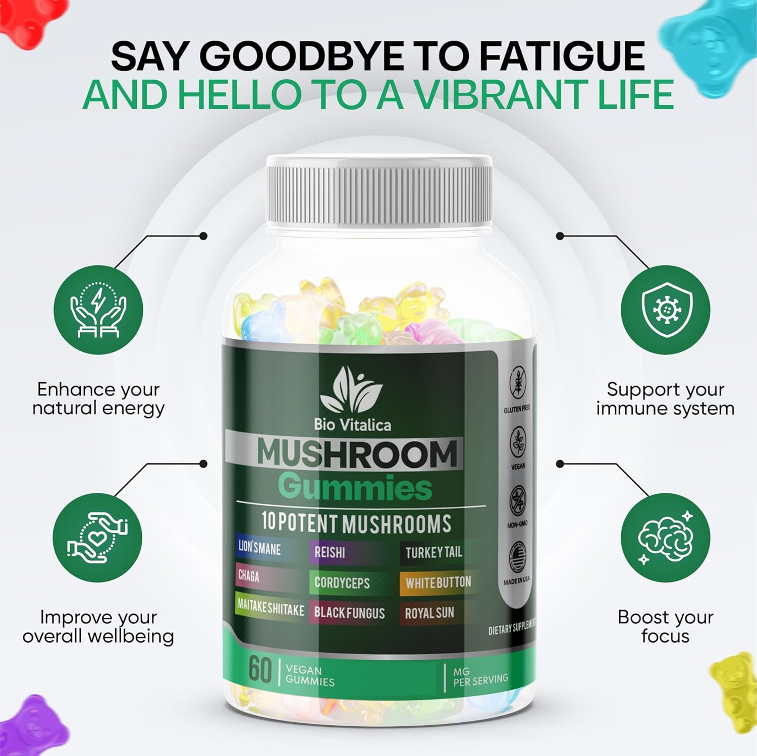 Mushroom Gummies – 10 Mushroom Complex with Lion’s Mane, Reishi, Chaga, Cordyceps & More – Fruity Vegan Gummies – Non-GMO, Gluten-Free, Plant-Based – 6 Packs - Image 3