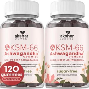 AKSHAR Ayurveda Ashwagandha KSM-66 Gummies, Organic Ashwagandha Supplements for Focus, Increase Energy & Strength, Chicory Root Fiber & Natural Cherry Flavor (60 Count (Pack of 2))