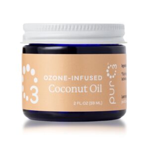 PurO3 Ozonated Coconut Oil – Pure, Natural, Organic Skincare for Face & Body – Oxygenated Healing Lotion, Moisturizer & Beauty Cream in a Glass Jar – O3 Therapy Salve, 2 oz