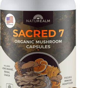 Naturealm Sacred 7 Mushroom Supplement Capsules | 30-Day Supply | 7-in-1 Organic Mushroom Complex Capsules with Lions Mane, Reishi, Chaga | 1000mg Per Serving | Immune Support & Focus