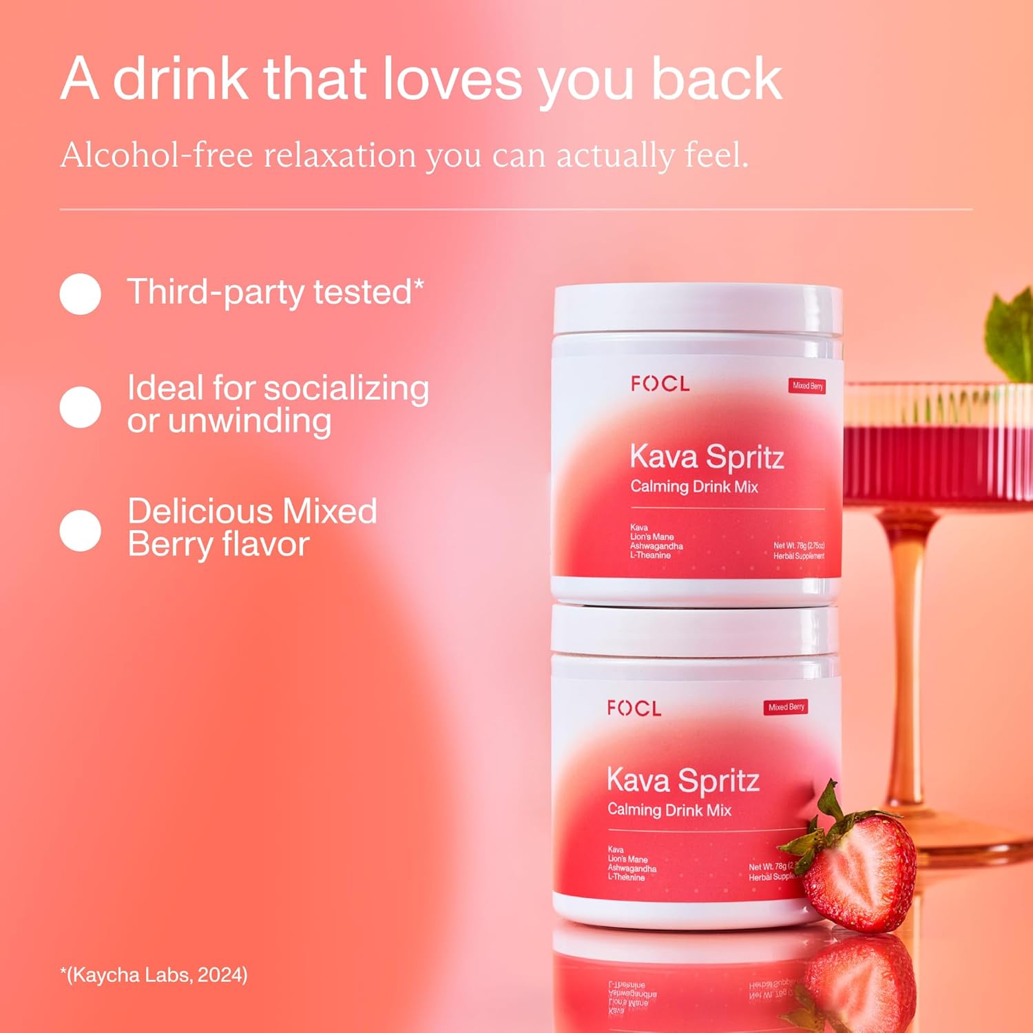 FOCL Instant Kava Drink Mix - Refreshing Non-Alcoholic Calming Powdered Drink with Kava Extract, Lion’s Mane, Ashwagandha, L-Theanine - Sugar Free, Non-GMO - Mixed Berry Flavor -30 Servings - Image 7