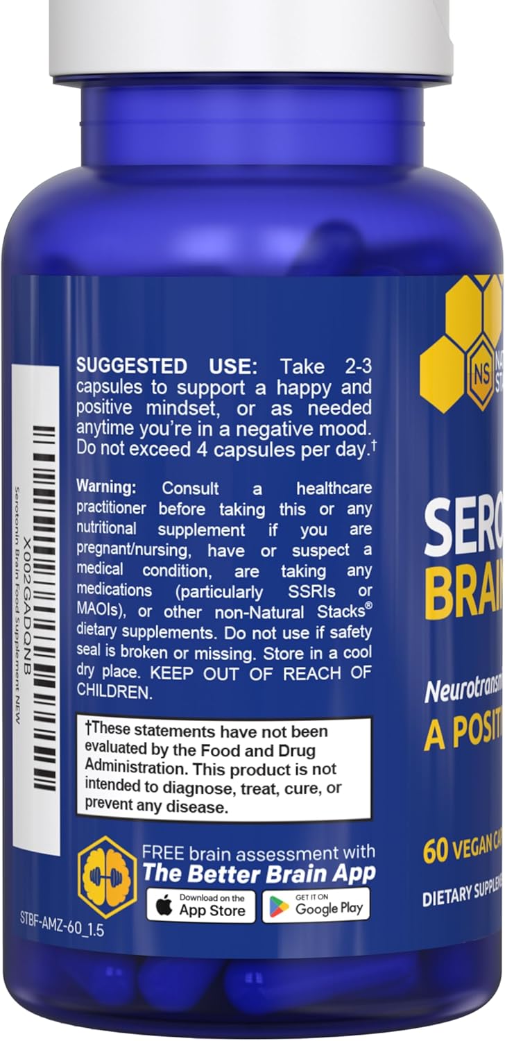 Serotonin Brain Food - 1250mg L-Tryptophan & 400mg Rhodiola Rosea Supplement - Mood Support Supplement for Stress Relief - Neurotransmitter Support with Magnesium Glycinate & Zinc - 60 Capsules - Image 8