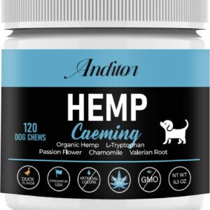 Calming Treats for Dogs with Organic Hemp Oil, Tryptophan, Chamomile, Passion Flower & Valerian - Stress & Anxiety Relief for Separation, Travel, Fireworks, Storms and Barking - 120 Soft Chews..