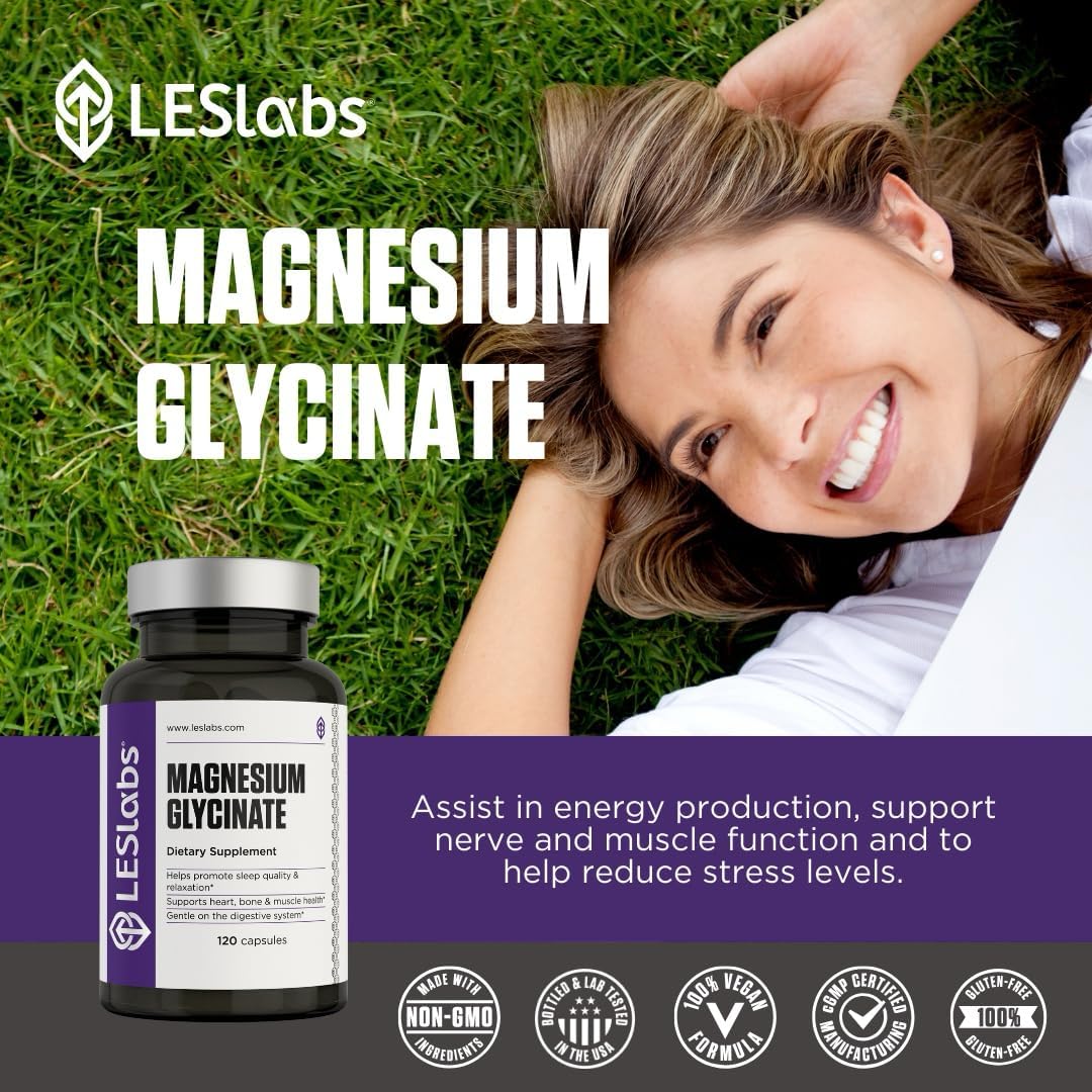 LES Labs Magnesium Glycinate Supports Restful Sleep, Heart Health, Stress Relief, Metabolism, Nerve & Muscle Function, Gentle on the Digestive System Non-GMO Supplement 120 Capsules - Image 4