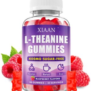 L-Theanine Gummies for Kids & Adults, L'Theanine 400mg Chewable L Theanine Supplement for Calm, Zzz & Relaxation Support, Vegan, Organic, Raspberry Flavor, 60 Counts