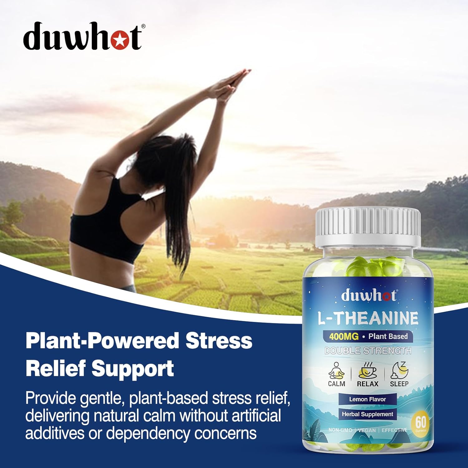 duwhot L Theanine Gummies, 200/400mg L-Theanine Supplement for Adults & Kids, Natural Stress Relief, Relaxation, Zzz & Focus Support Gummy, Organc,Vegan, Low Sugar,Non-Drowsy,Lemon Flavor,60 Chewables - Image 4