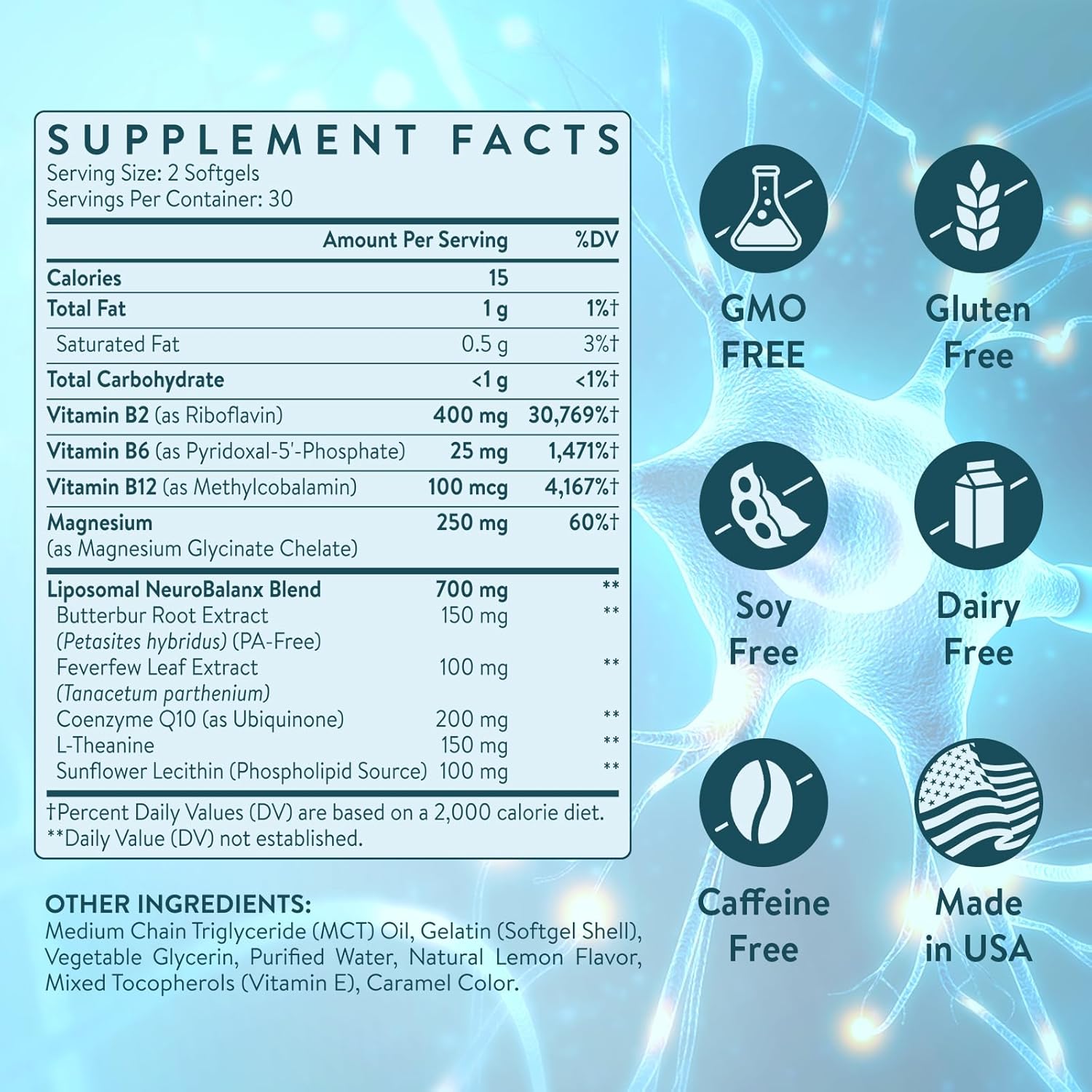 Migraine Relief Supplement – Liposomal Riboflavin, Vitamin B2 B6 & B12, Magnesium, CoQ10, L-Theanine, PA-Free Butterbur & Feverfew – Natural Head & Nerve – 60 Softgels - Image 5