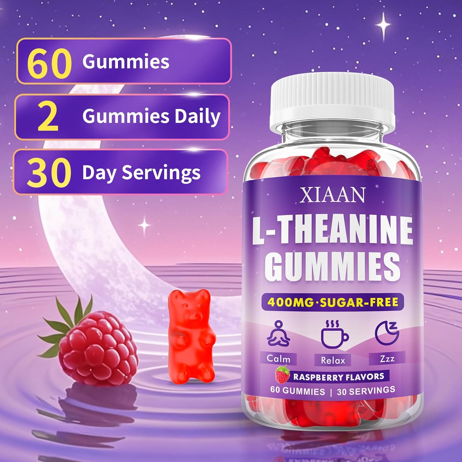 L-Theanine Gummies for Kids & Adults, L'Theanine 400mg Chewable L Theanine Supplement for Calm, Zzz & Relaxation Support, Vegan, Organic, Raspberry Flavor, 60 Counts - Image 7