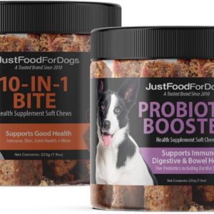 JustFoodForDogs 10-in-1 Multifunctional & Probiotic Supplement Soft Chews for Dogs Plant-Based, Human Grade, Digestive Health Support, Diarrhea -45 Count of Each, 90 Chews Total