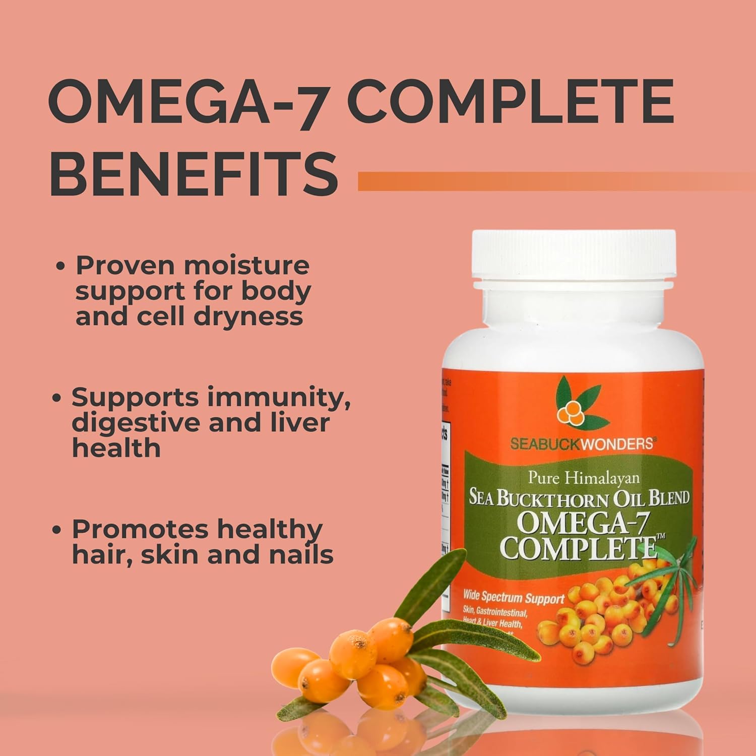 SEABUCKWONDERS Organic Sea Buckthorn Oil Omega-7 Complete, 120 Softgels, 60 Day Supply, with Omega 3, 6 & 9, Supports Hair, Skin & Nails, 100% Pure with Zero Filler Oil - Image 2
