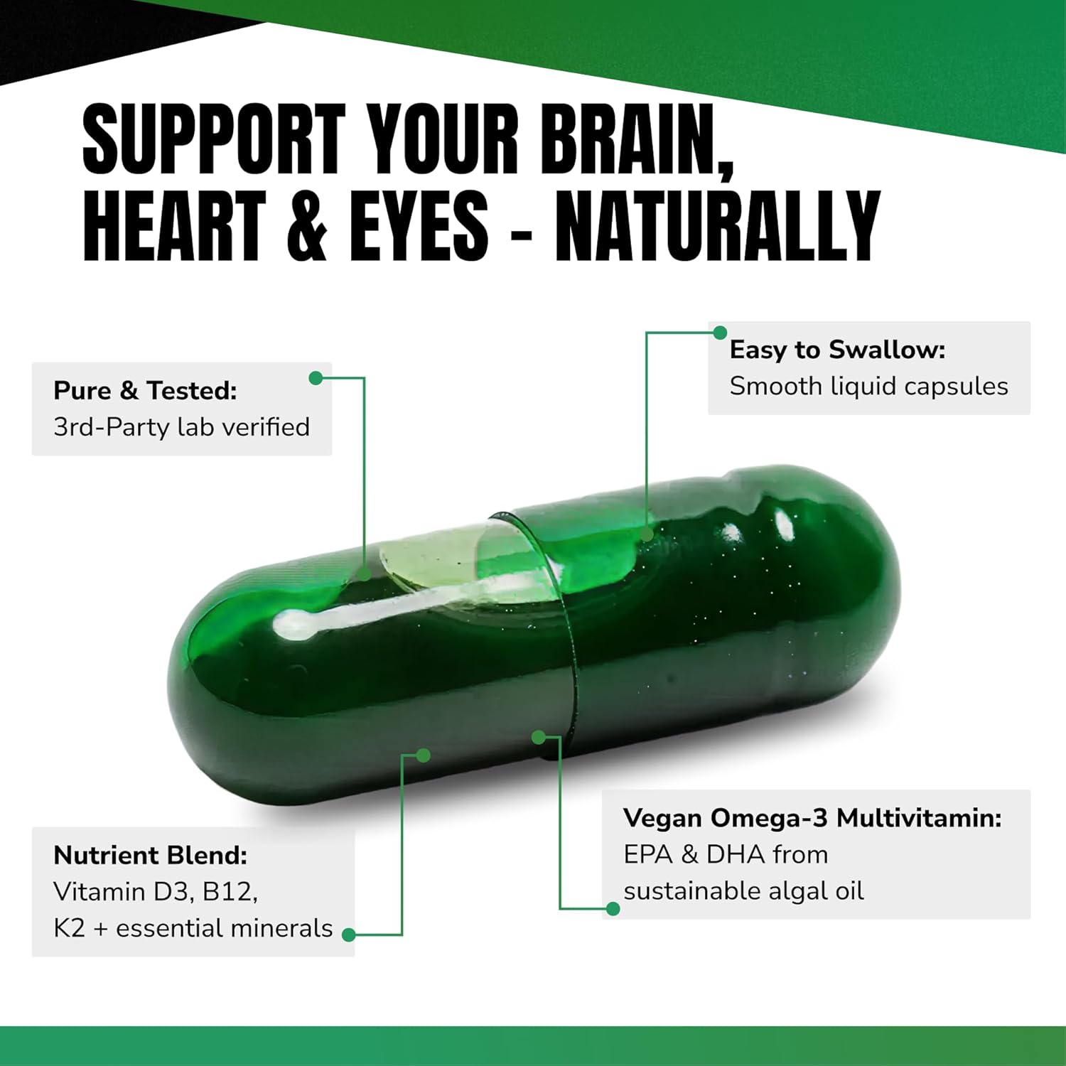 VEDGE Vegan Omega 3 Multivitamin for Women and Men – Plant-Based Algal EPA & DHA + Vitamin B12, Vitamin D, K2, Magnesium, Zinc & Selenium – 30-Day Supply – Non-GMO, Gluten Free, Made in USA - Image 4