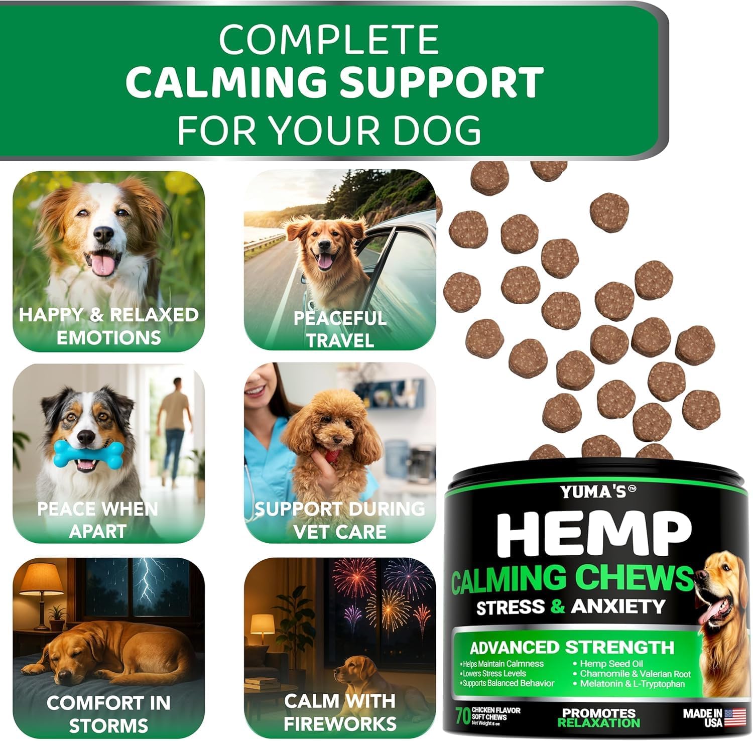 Advanced Calming Chews for Dogs - Hemp Dog Calming Chews - Anxiety Relief Treats with Melatonin, Hemp Oil - Separation Aid, Stress, Hip and Joint Supplement for Canine Health Support - Made in USA - Image 3