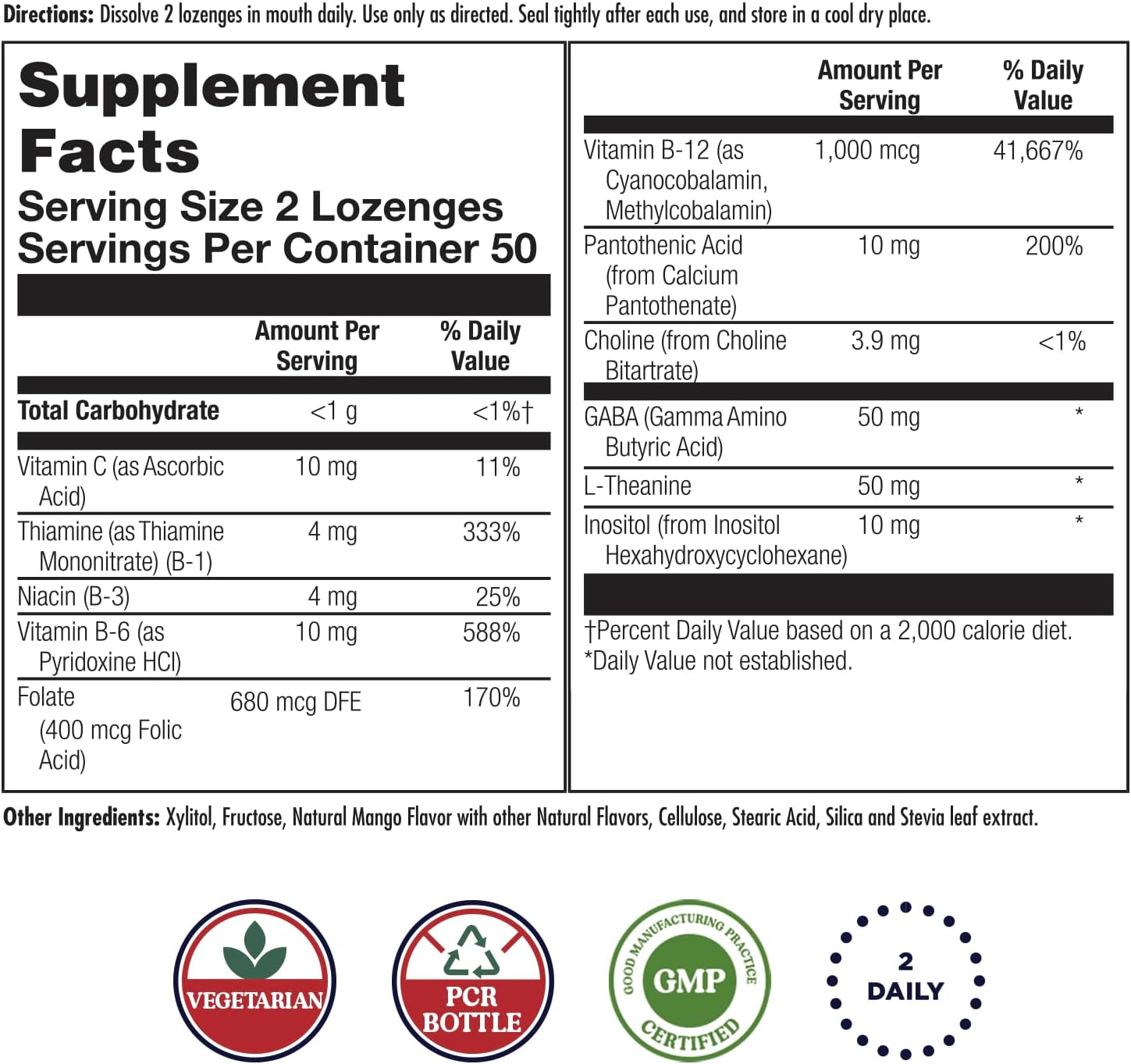 KAL GABA L-Theanine Stress B Lozenge, B Complex Vitamin Supplement, Healthy Relaxation, Mood & Focus Support, Natural Mango Tangerine Flavor, Vegan, 50 Servings, 100 Lozenges - Image 2
