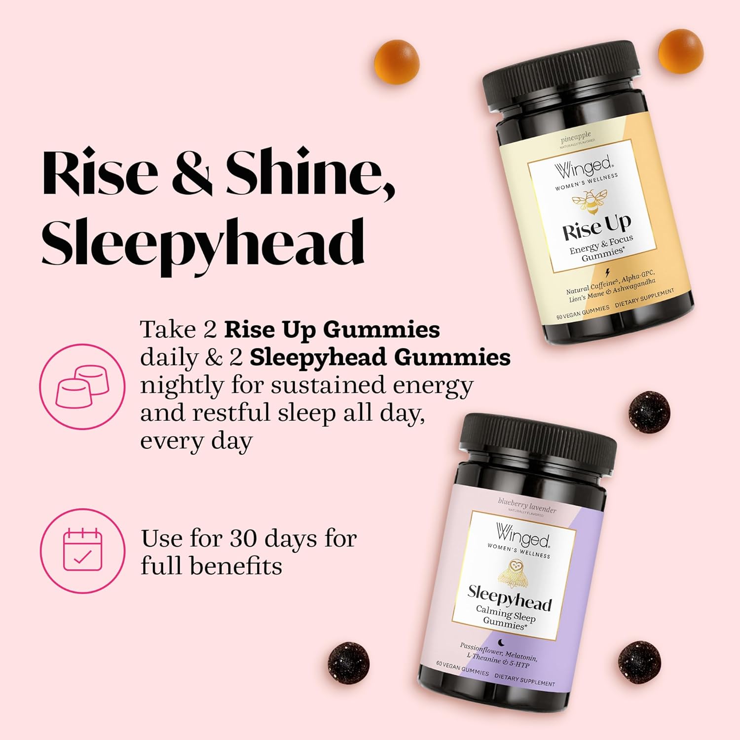 Winged Wellness Sleepyhead Natural Sleep Gummies for Women - Prime Sleep Support Aid for Adults with 3mg Melatonin, L-Theanine, 5-HTP - Blueberry Lavender Flavored - 30 Servings - Image 6