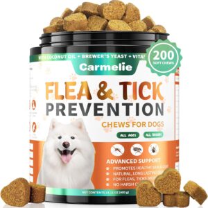 Carmelie Flea and Tick Prevention for Dogs - 200 Soft Chewables Natural Dog Flea and Tick Support - Oral Flea Supplement for All Breeds & Size Dogs, Puppy Flea Protection - Duck Flavor