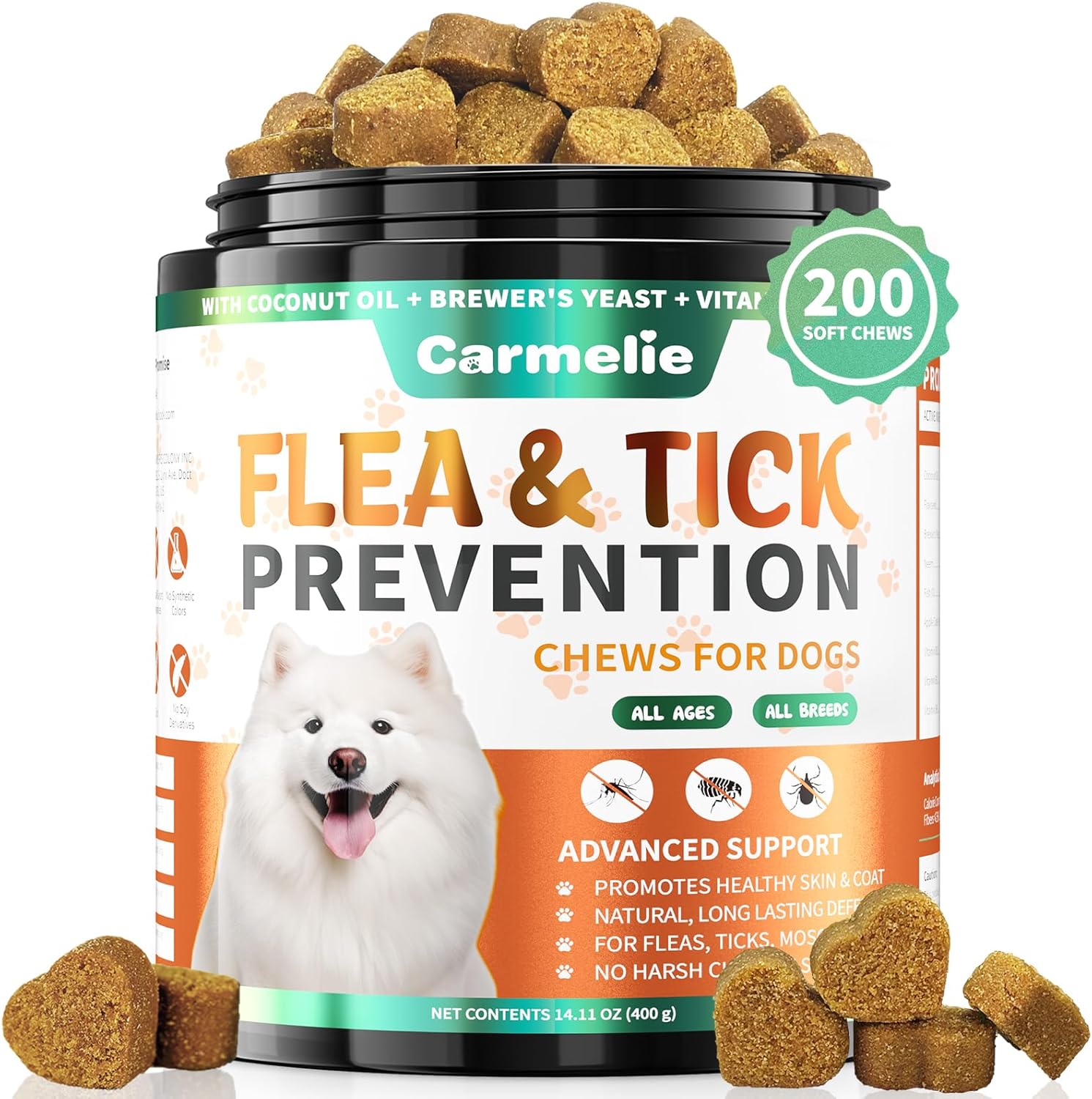 Carmelie Flea and Tick Prevention for Dogs - 200 Soft Chewables Natural Dog Flea and Tick Support - Oral Flea Supplement for All Breeds & Size Dogs, Puppy Flea Protection - Duck Flavor