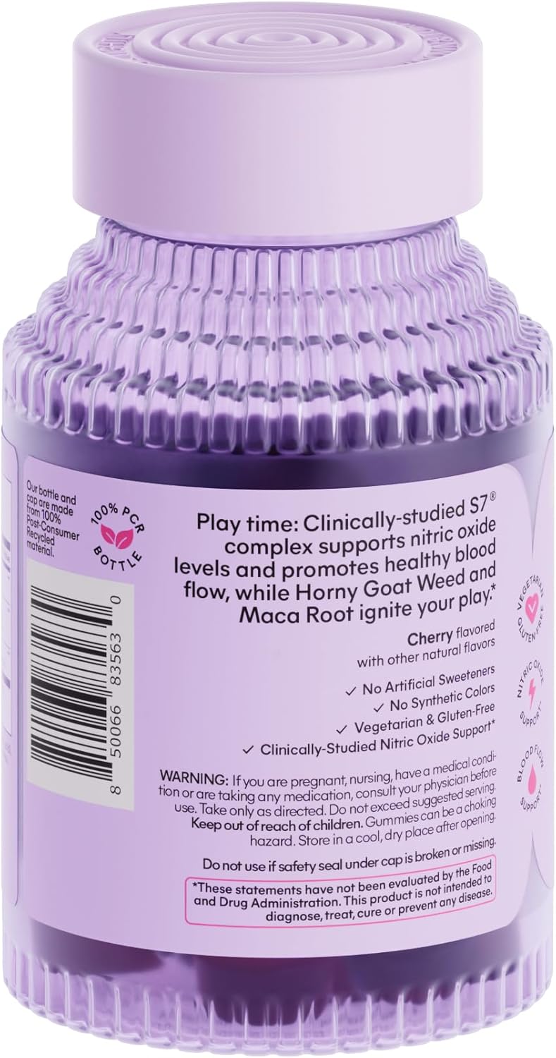 Lemme Play Daily Intimacy Gummies for Women and Men w/Clinically-Studied S7 Nitric Oxide Complex for Healthy Blood Flow, Maca Root, Goat Weed - Cherry Flavored (60 Count) - Image 8