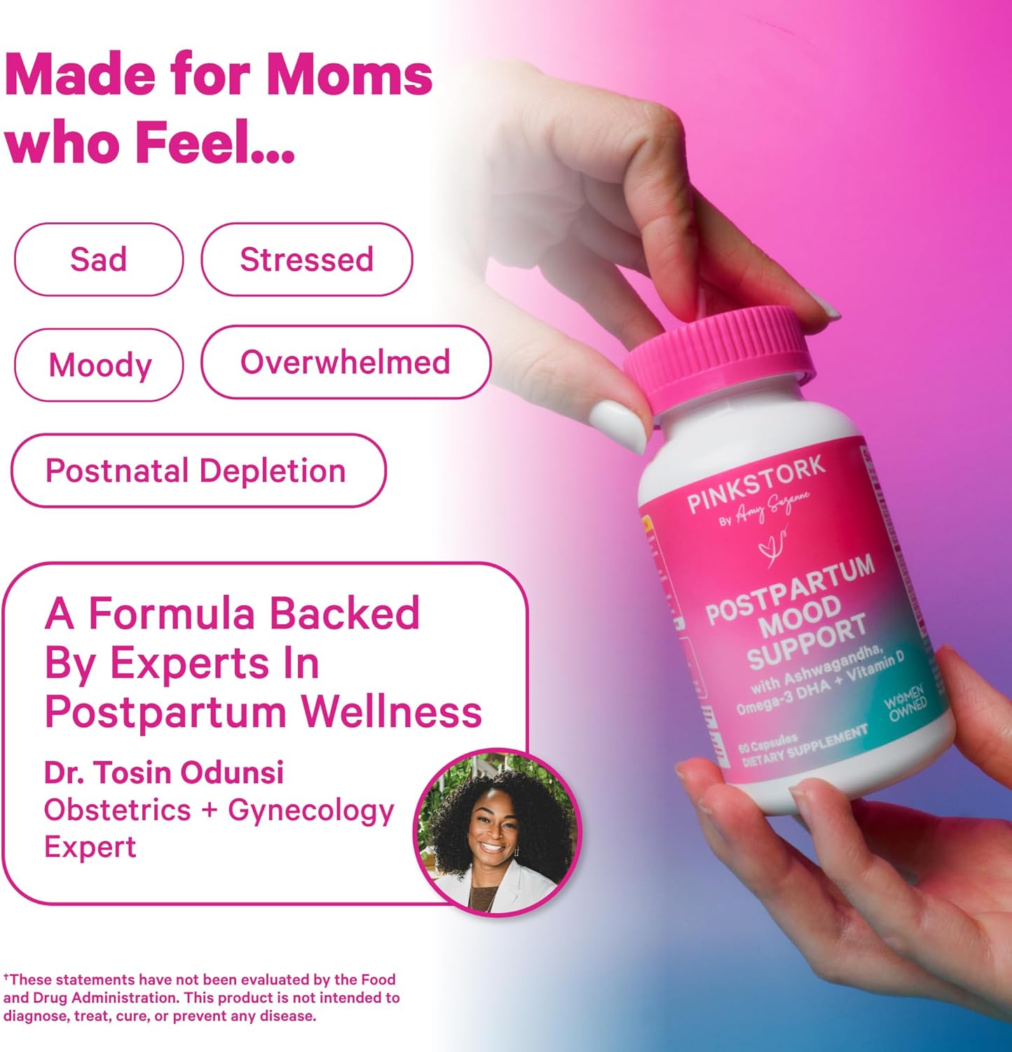 Pink Stork Postpartum Mood Support - Postnatal Hormone Balance for Women - Breastfeeding Friendly - Stress & Cognitive Support, New Mom Essentials - Ashwagandha, Chamomile, Vitamin D, 60 Capsules - Image 3