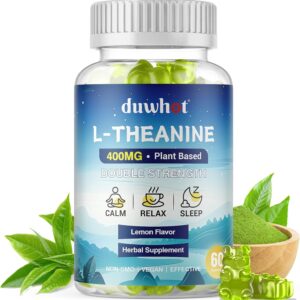 duwhot L Theanine Gummies, 200/400mg L-Theanine Supplement for Adults & Kids, Natural Stress Relief, Relaxation, Zzz & Focus Support Gummy, Organc,Vegan, Low Sugar,Non-Drowsy,Lemon Flavor,60 Chewables