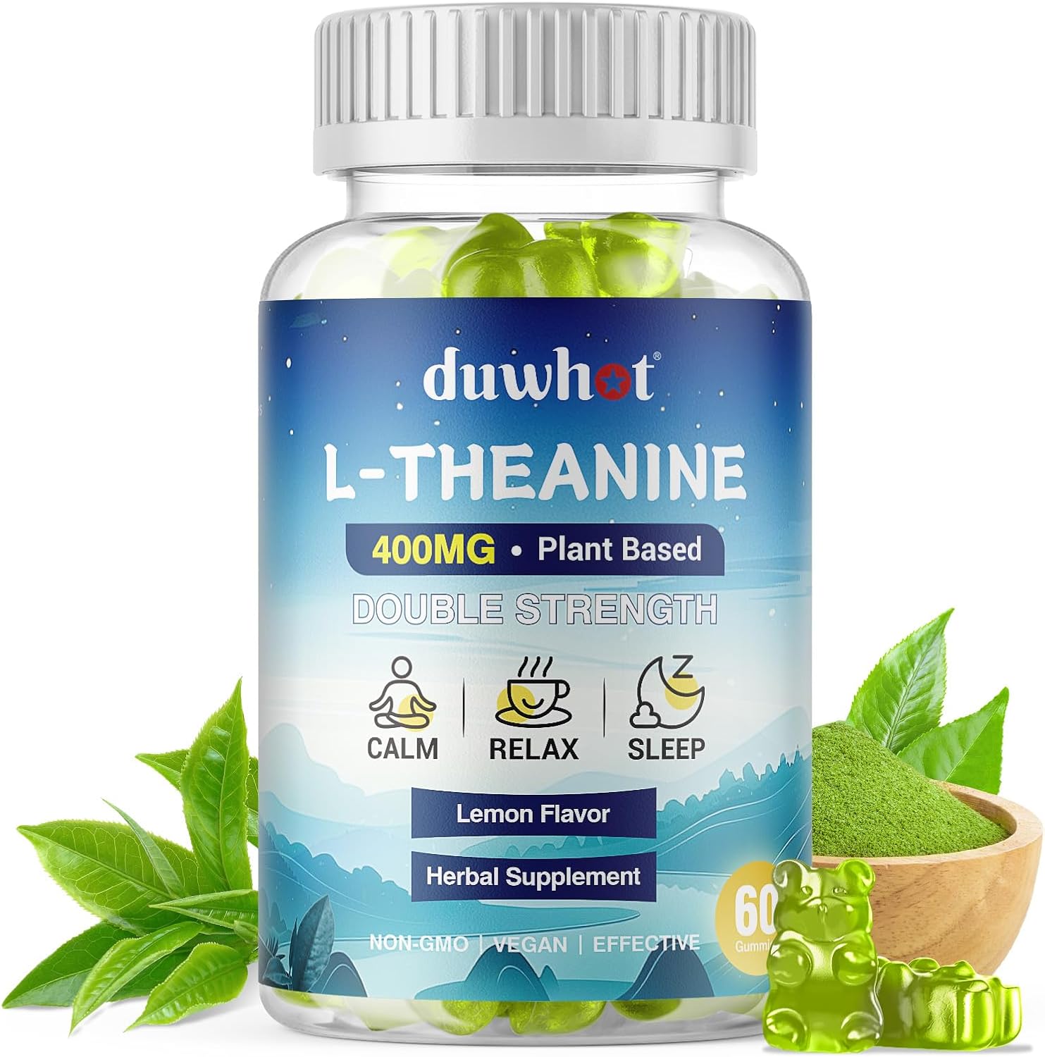 duwhot L Theanine Gummies, 200/400mg L-Theanine Supplement for Adults & Kids, Natural Stress Relief, Relaxation, Zzz & Focus Support Gummy, Organc,Vegan, Low Sugar,Non-Drowsy,Lemon Flavor,60 Chewables
