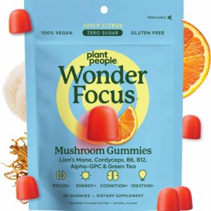 Plant People WonderFocus Mushroom Gummies with Lion’s Mane & Cordyceps - Nootropic Brain Supplement Boosts Memory, Focus, Energy & Mood in Adults | No Sugar, 100% Vegan, Citrus Flavor, 60 Count