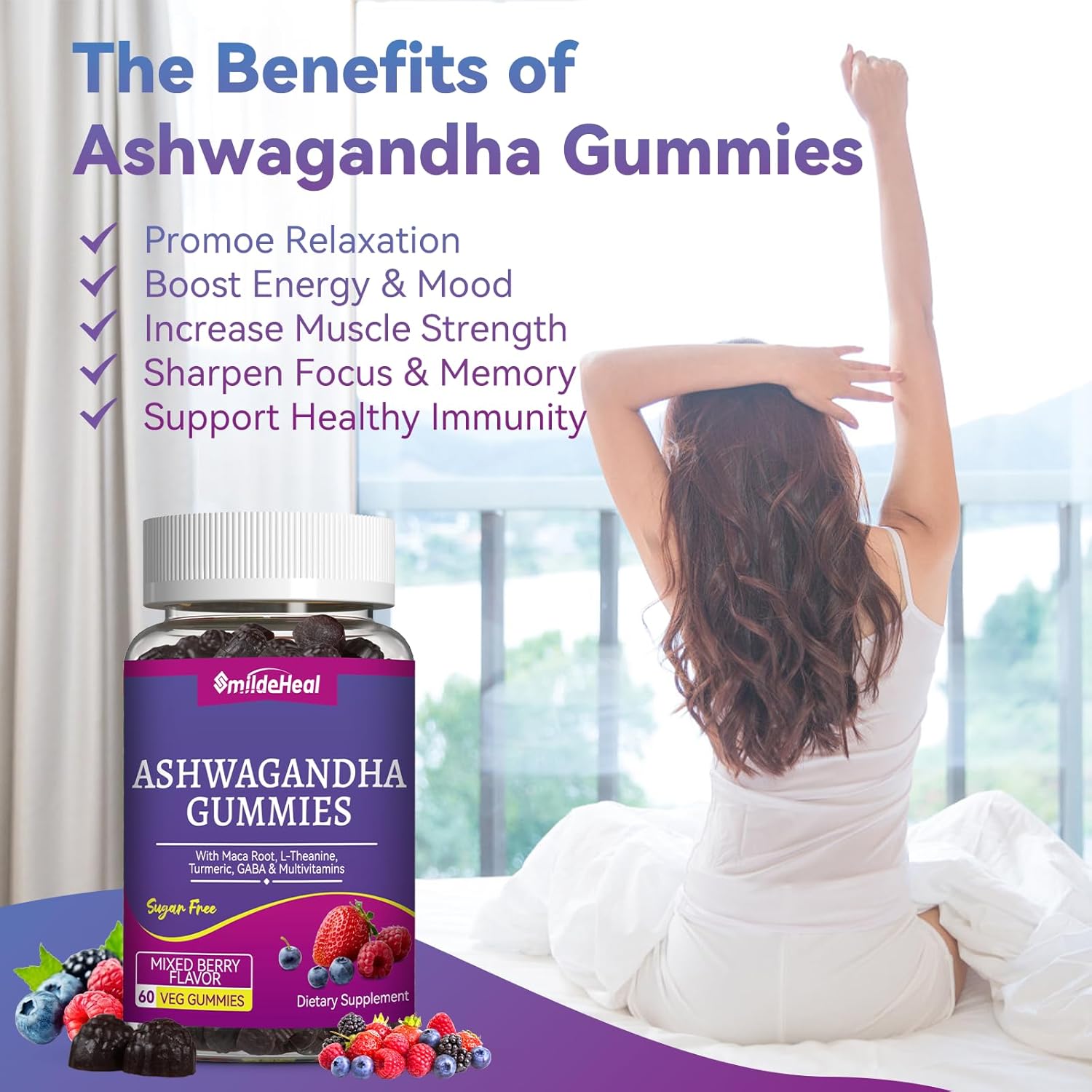 Ashwagandha Gummies 3000mg - Stress Relief, Immune Support & Increased Energy - Ashwagandha Supplements for Women & Men - Natural Mixed Berry Flavor (60 Count) - Image 6