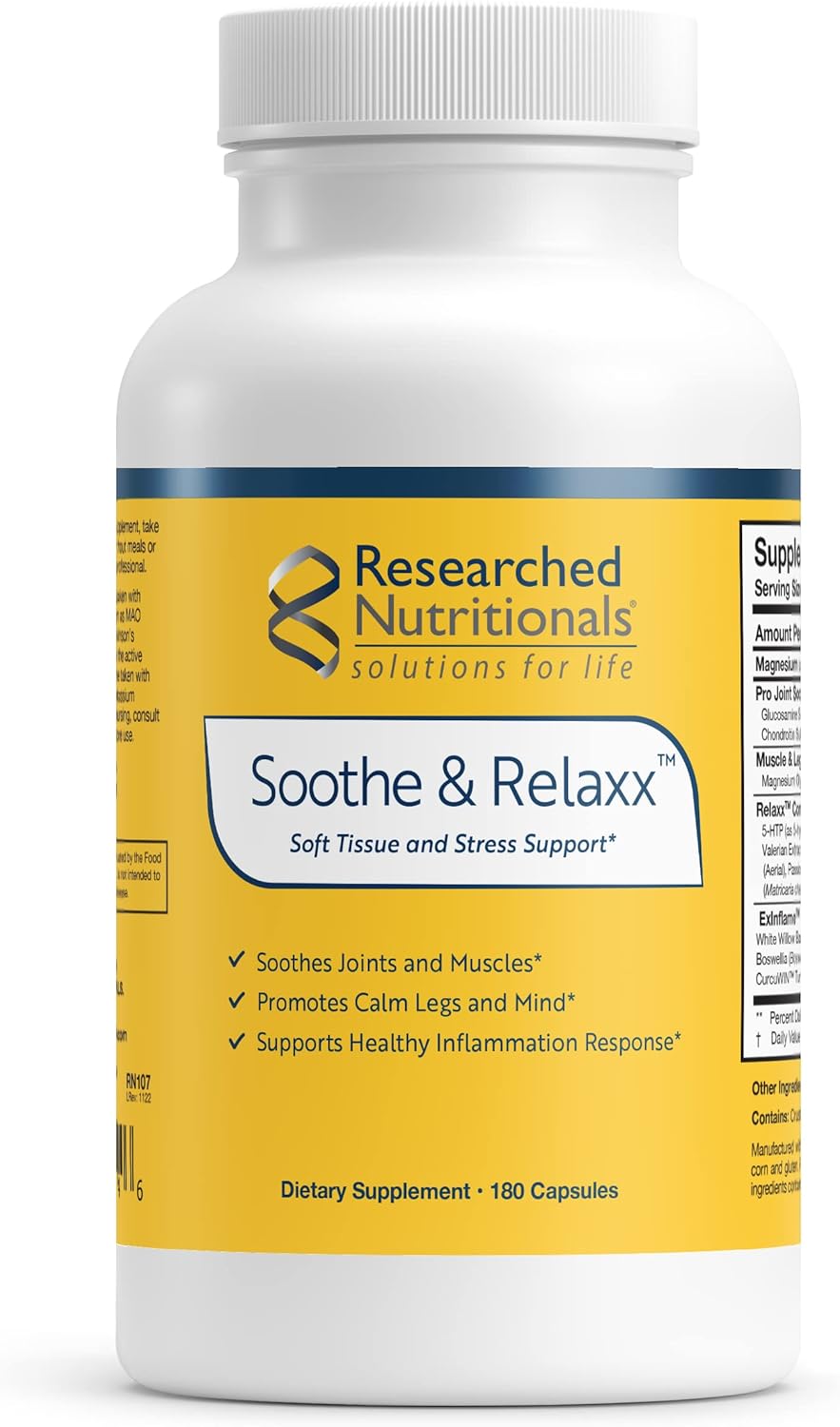 Researched Nutritionals Soothe & Relaxx - Soft Tissue, Muscle + Support Supplement - A Gentle Health Supplement for Calming Relief - Soothe Your Body + Mind (180 Capsules)