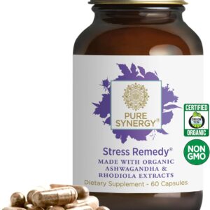 PURE SYNERGY Stress Remedy | Soothing Supplement with Ashwagandha | Organic Adaptogen Support from Rhodiola, Lemon Balm, and Holy Basil | for Stress Relief, Adrenal Health, and Mood (60 Capsules)