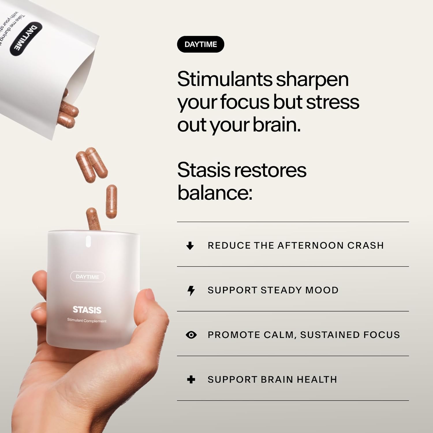 Stasis Daytime Energy & Focus Supplement for Men & Women with Vitamin D3, L Theanine, Ashwagandha & CoQ10, Cognitive Support Capsules for Morning Routines, Vegan, Non GMO, 25 Servings, 1 Month Supply - Image 2