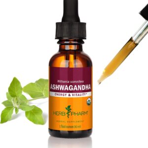 Herb Pharm Ashwagandha Liquid Extract: Organic, Calming Ayurvedic Adaptogen, Stress Support Supplement | Fast-Absorbing & Sugar-Free Ashwagandha Tincture | Up to 3 Week Supply, 1 oz