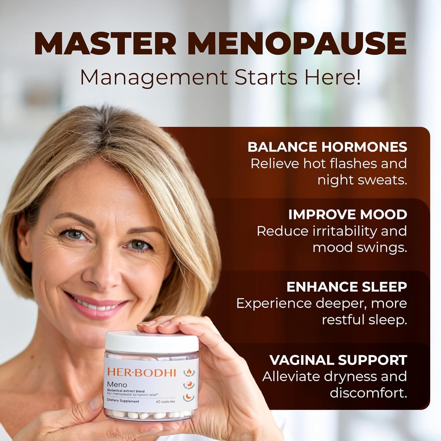 Her Bodhi Meno- Menopause Hormonal Balance for Women, Estrogen Soy Isoflavones Menopause Supplement for Women, Ashwagandha, Black Cohosh Hot Flashes Menopause Relief, Night Sweats Relief 60Caps - Image 2