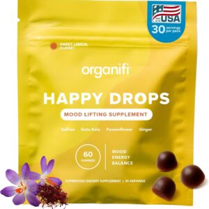 Organifi Happy Drops - Daily Superfood Happy Gummies for Adults - Mood Support Supplement for Balance, Bliss, Energy and Taking the Edge Off - Sweet Lemon Flavor - 60 Gummies