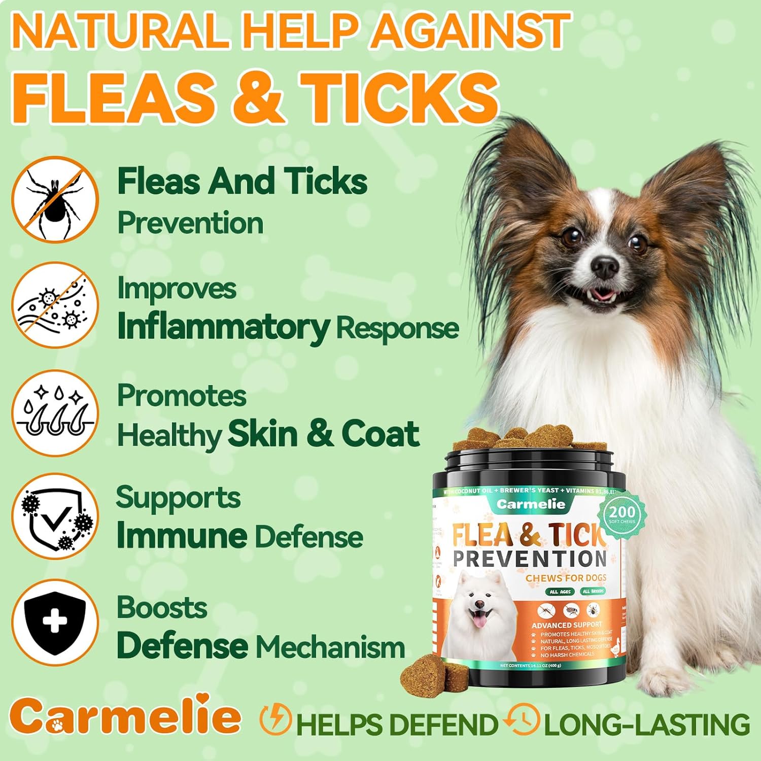 Carmelie Flea and Tick Prevention for Dogs - 200 Soft Chewables Natural Dog Flea and Tick Support - Oral Flea Supplement for All Breeds & Size Dogs, Puppy Flea Protection - Duck Flavor - Image 2