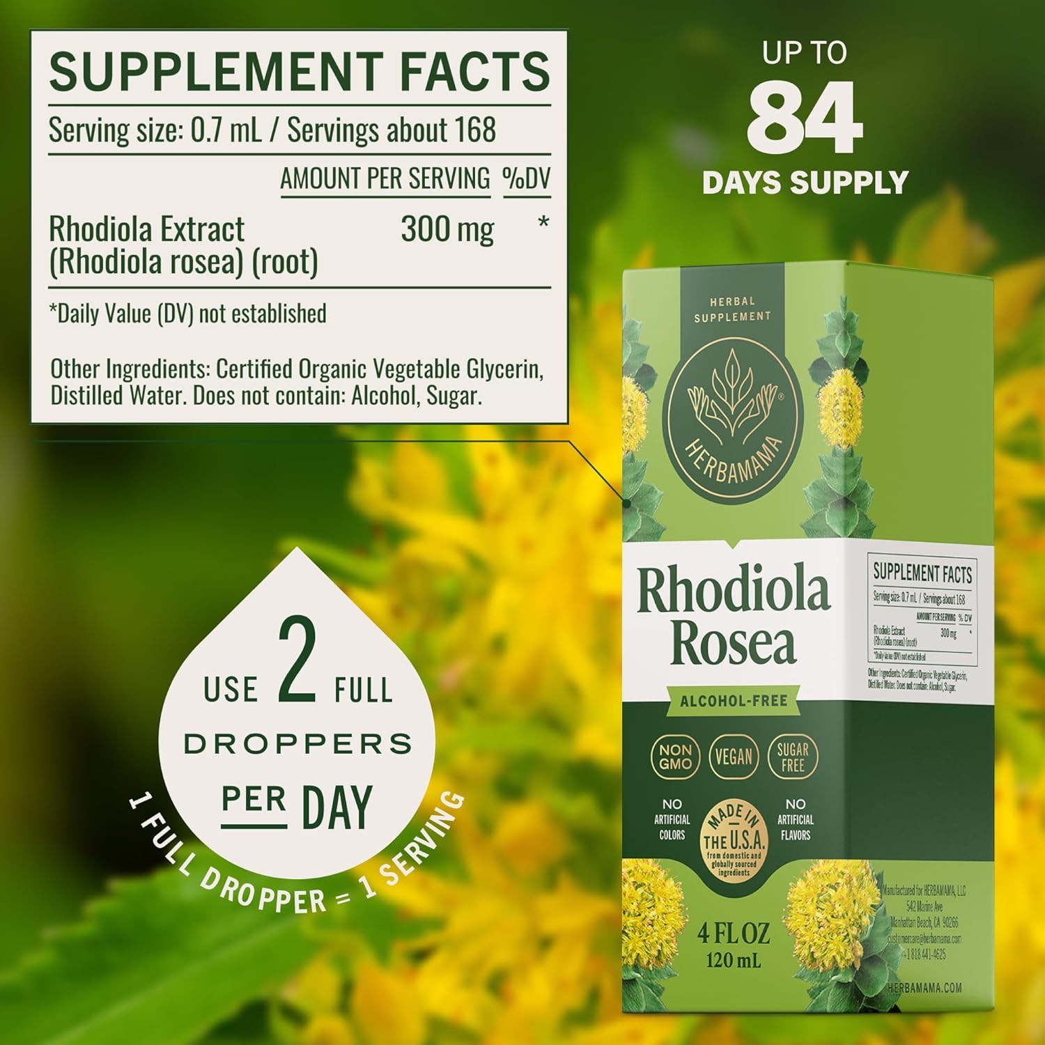 HERBAMAMA Rhodiola Rosea Extract - Rhodiola Rosea Supplement Drops for Mood & Calm Support - Vegan, Non-GMO, Alcohol & Sugar-Free Liquid Formula, 84-Day Supply - Image 3