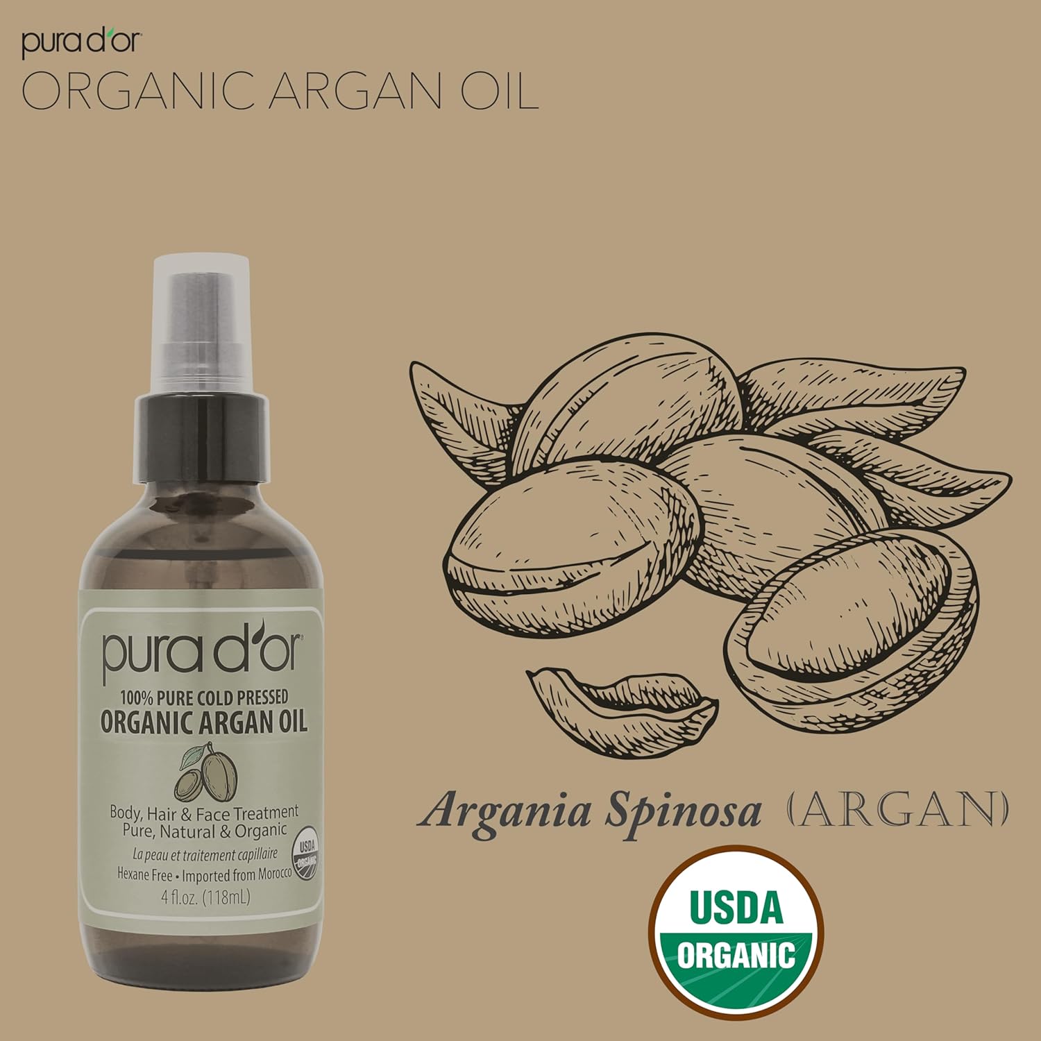 PURA D'OR 4 Oz Organic Moroccan Argan Oil – 100% Pure Cold-Pressed Virgin Grade – Lightweight Moisturizer for Skin, Face, Body & Hair Relaxer – Helps Dry Skin, Scalp Care, Split Ends, Nails & Cuticles - Image 3