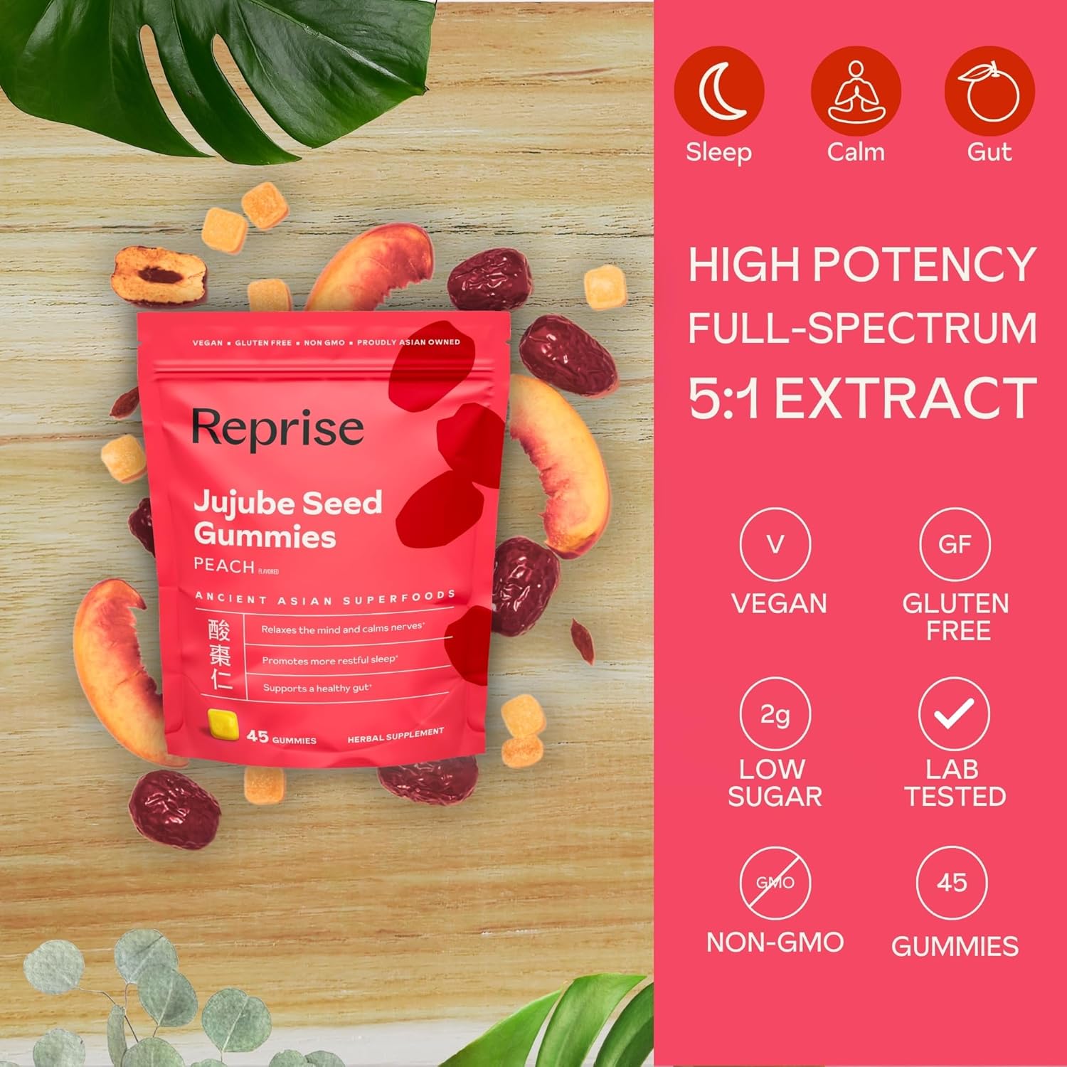 Reprise Jujube Seeds in Daily Gummies, 300 mg Full-Spectrum Jujube Seeds, Supports Relaxation & Restful Sleep, 100% Plant Based Vegan & Gelatin Free, Peach Flavored, 45 Gummies - Image 2