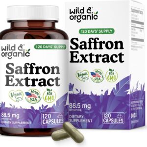 Wild & Organic Saffron Capsules 88.5 mg - Mood, Focus, Eye Support - Natural Saffron Supplements - Crocus Sativus Extract - 120 Days of Supply - Vegan, Non-GMO - 120 Count