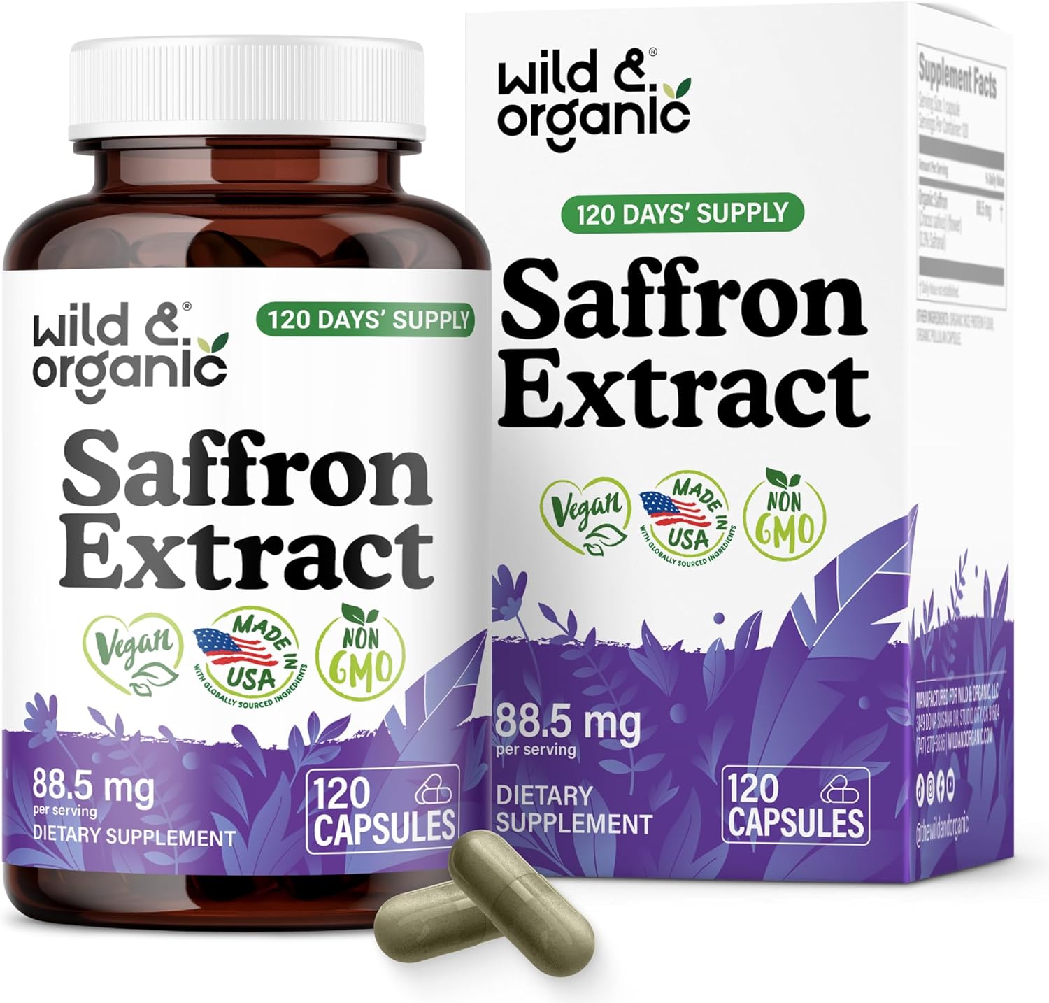 Wild & Organic Saffron Capsules 88.5 mg - Mood, Focus, Eye Support - Natural Saffron Supplements - Crocus Sativus Extract - 120 Days of Supply - Vegan, Non-GMO - 120 Count