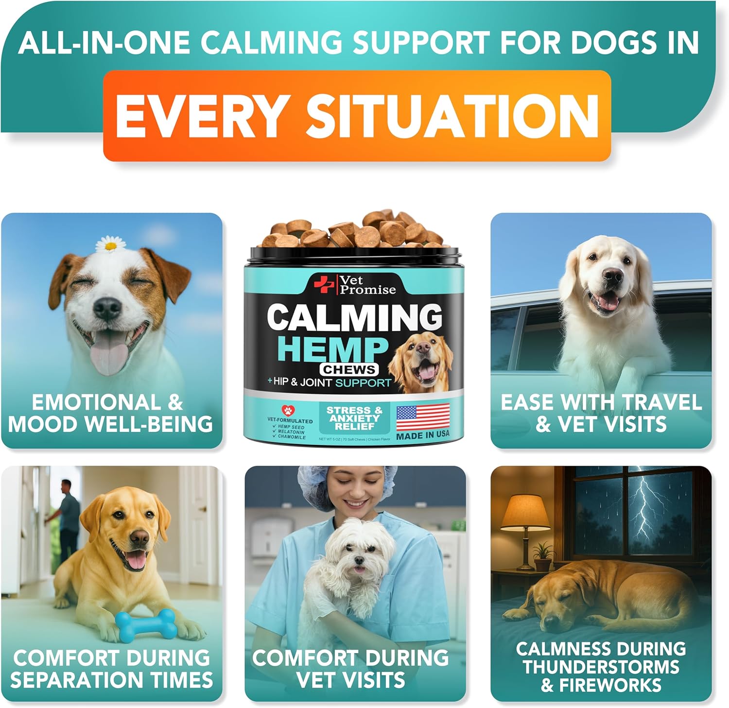 Advanced Calming Chews for Dogs - Hemp Dog Calming Chews - Anxiety Relief with Melatonin - Stress & Separation Anxiety - Sleep Aid + Hip and Joint Supplement Support - Made in USA - 70 Treats - Image 2