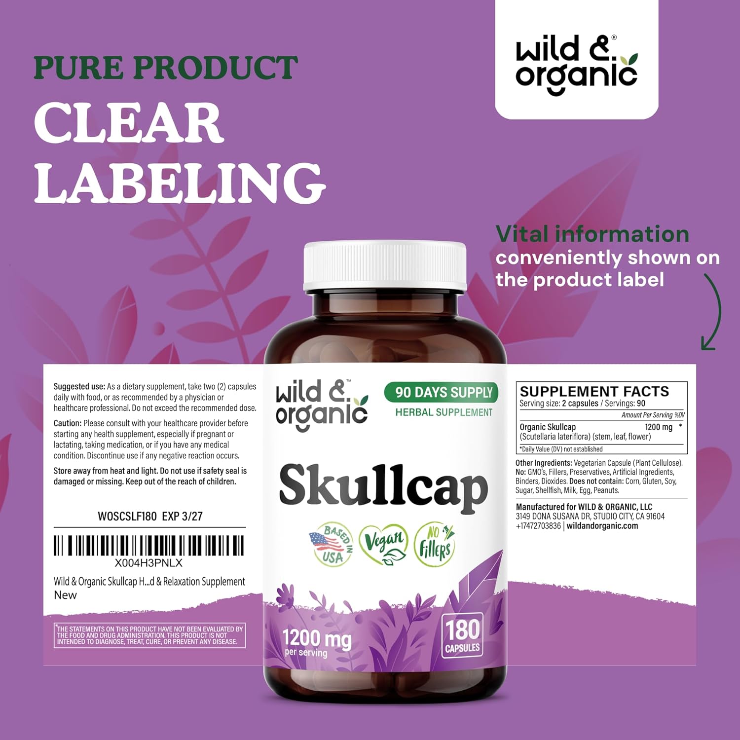 Wild & Organic Skullcap Herb Capsules 1200 mg - Calming Skullcap Supplement - 180 Capsules - Scutellaria Lateriflora Leaf Extract - 3-Month Supply - Vegan, No Fillers, Non-GMO - Image 7