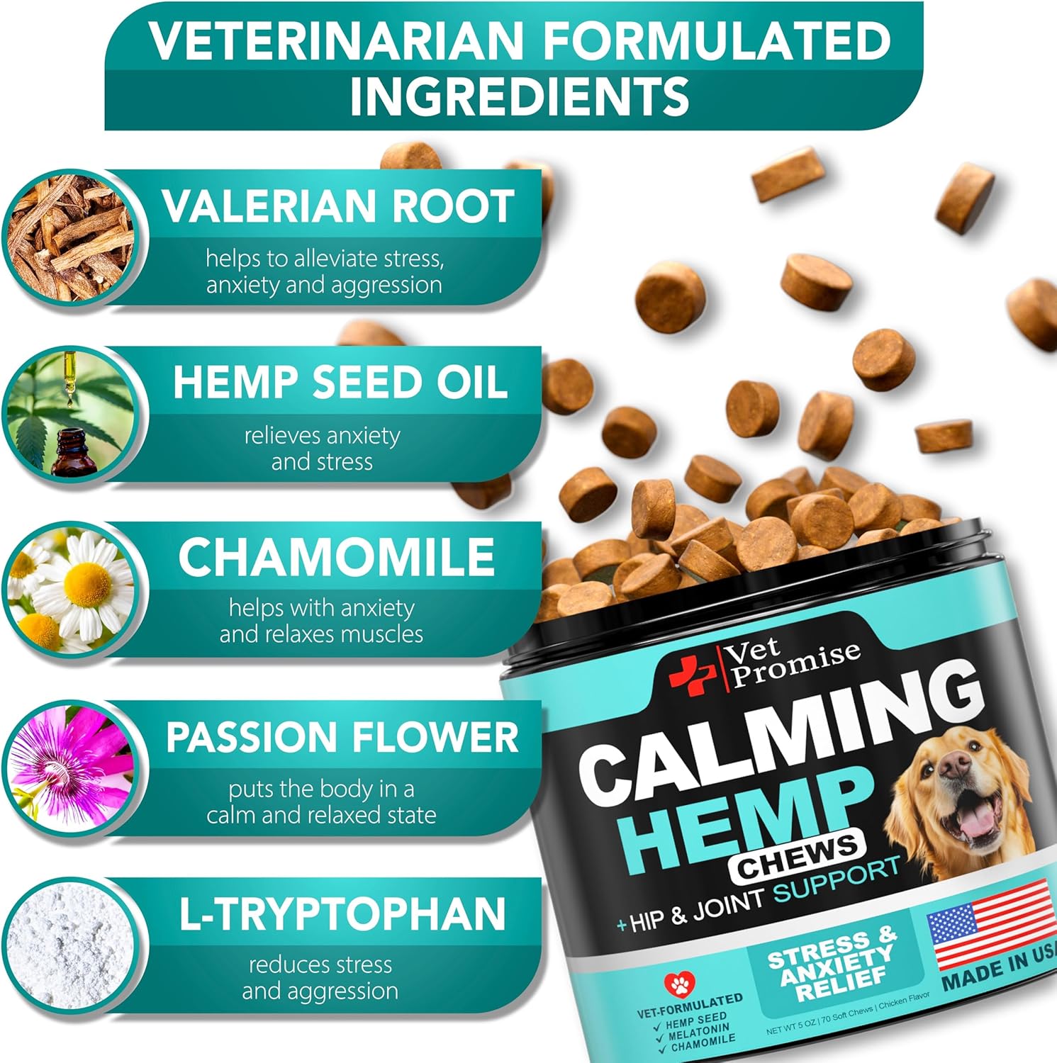 Advanced Calming Chews for Dogs - Hemp Dog Calming Chews - Anxiety Relief with Melatonin - Stress & Separation Anxiety - Sleep Aid + Hip and Joint Supplement Support - Made in USA - 70 Treats - Image 3