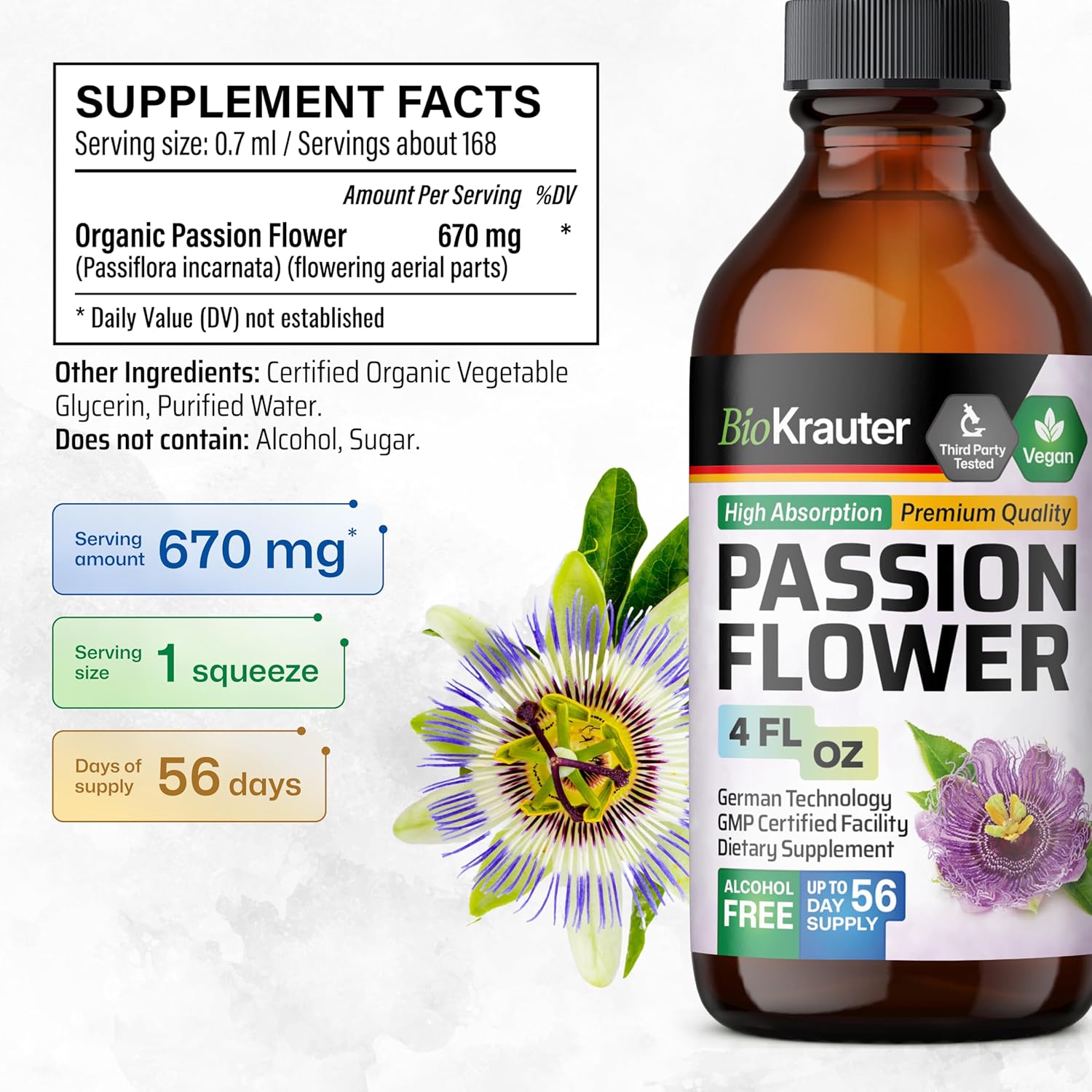 BIO KRAUTER® Passion Flower for Stress Relief - Calm & Mood Support - Pure Vegan Liquid Drops Passion Flower Extract 670 mg/Serving 4 Fl.Oz 56-Day Supply - Alcohol & Sugar Free - Natural Calm Drops - Image 3