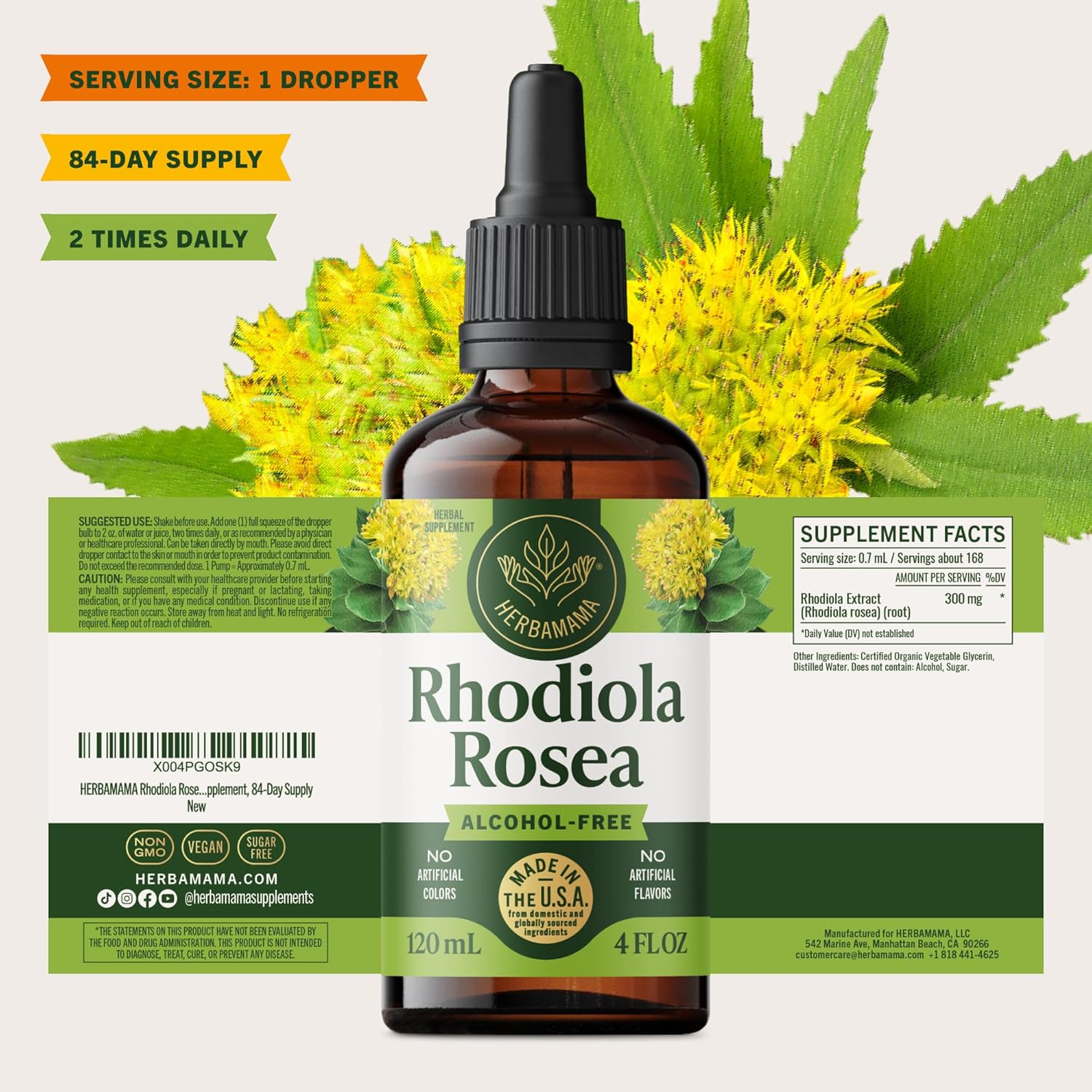 HERBAMAMA Rhodiola Rosea Extract - Rhodiola Rosea Supplement Drops for Mood & Calm Support - Vegan, Non-GMO, Alcohol & Sugar-Free Liquid Formula, 84-Day Supply - Image 8