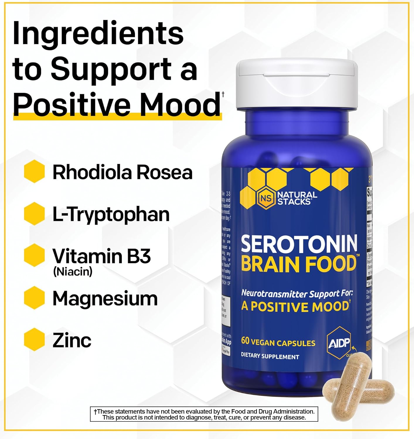Serotonin Brain Food - 1250mg L-Tryptophan & 400mg Rhodiola Rosea Supplement - Mood Support Supplement for Stress Relief - Neurotransmitter Support with Magnesium Glycinate & Zinc - 60 Capsules - Image 5