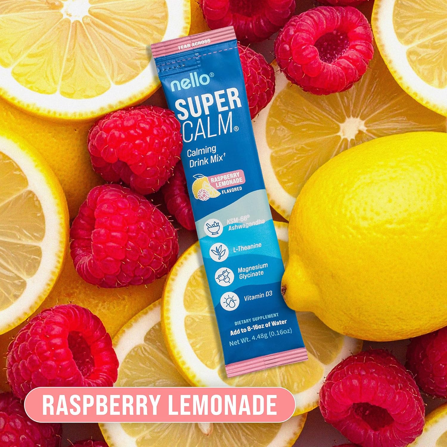 Nello Supercalm Powdered Drink Mix, Cortisol Reducer and Sleep Aid Supplement, L Theanine, Ksm-66 Ashwagandha, Magnesium Glycinate, Vitamin D 3, No Sugar, Non GMO, On The Go, 20 Ct, Raspberry Lemonade - Image 7