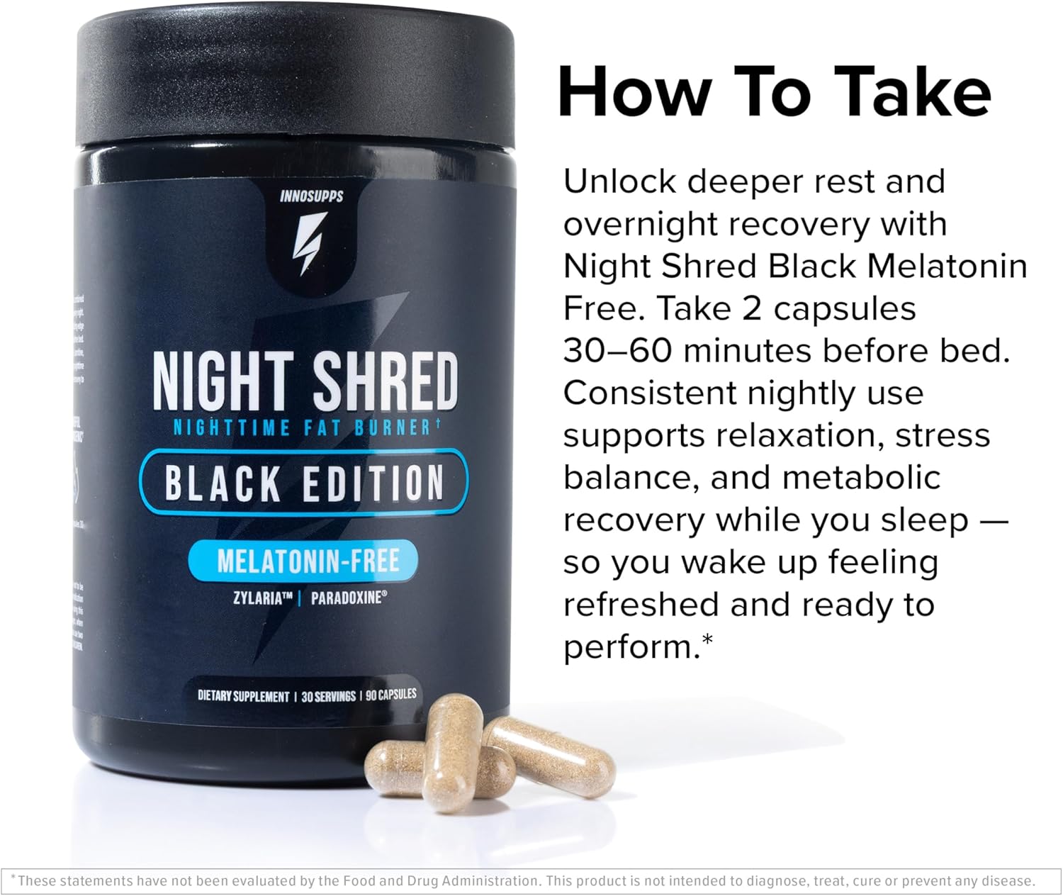 Night Shred Black Melatonin-Free - Night Time Fat Burner, Weight Loss, and Natural Sleep Support - GABA Complex with Ashwagandha, CLA, Grains of Paradise - Thermogenic Fat Burner - 90 Vegan Capsules - Image 6