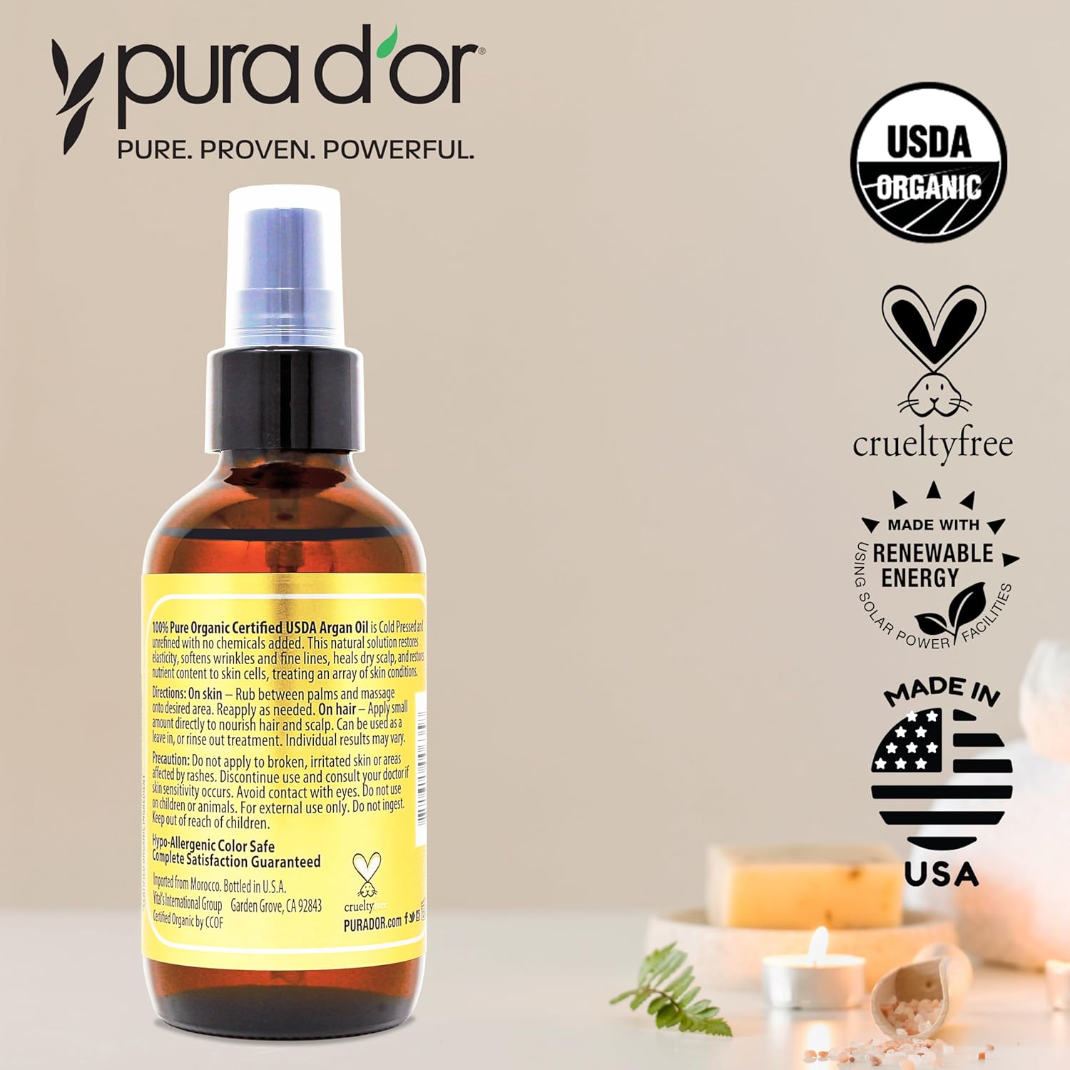 PURA D'OR 4 Oz Organic Moroccan Argan Oil – 100% Pure Cold-Pressed Virgin Grade – Lightweight Moisturizer for Skin, Face, Body & Hair Relaxer – Helps Dry Skin, Scalp Care, Split Ends, Nails & Cuticles - Image 4